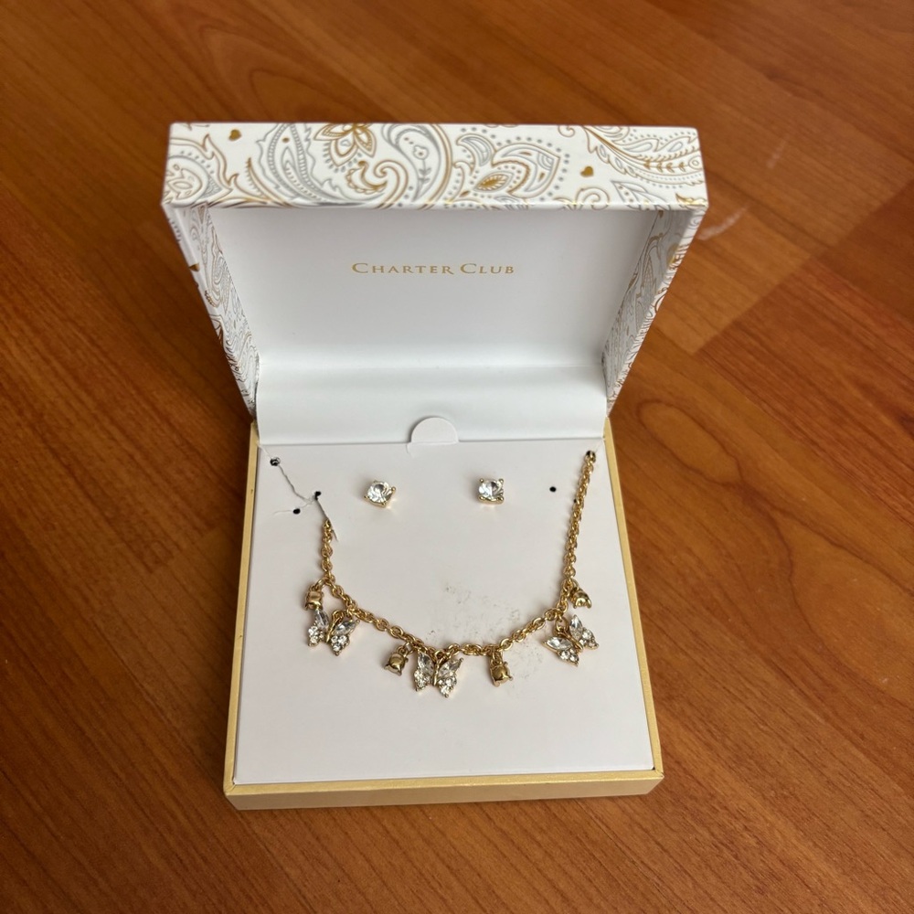 Women’s Charter Club gold and white butterfly necklace and earring set